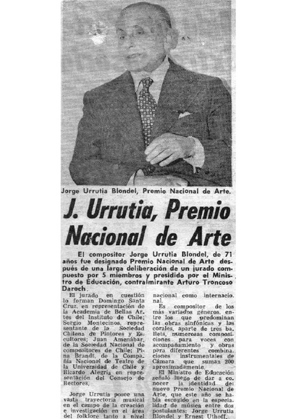J. Urrutia, Premio Nacional de Arte.