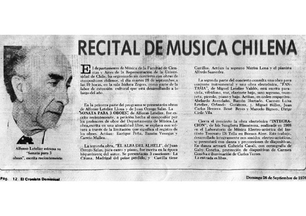 Recital de música chilena Alfonso Letelier estrena su "sonata pra 3 oboes", escrita recientemente