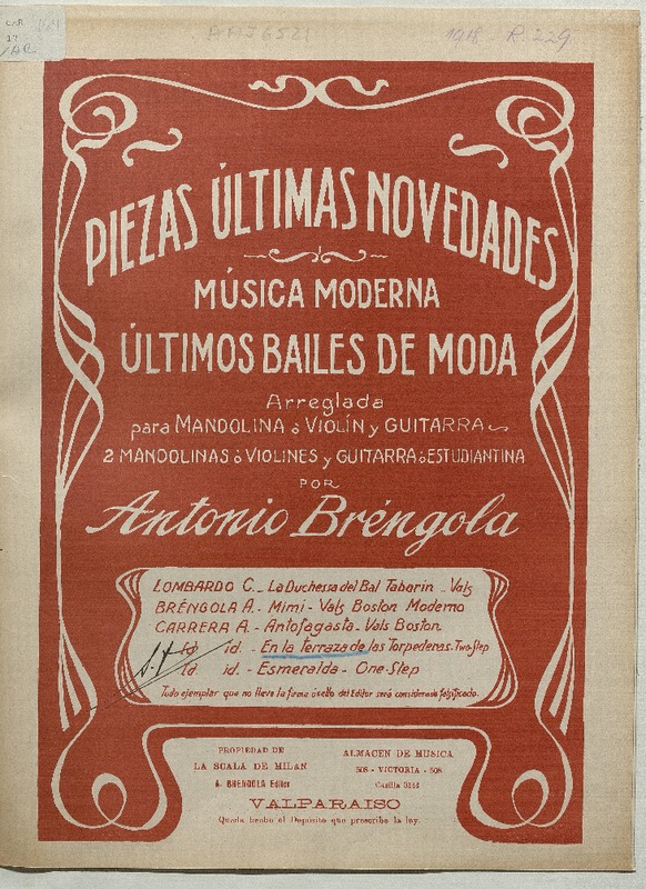 En la terraza de Las Torpederas two steps, arreglado para mandolina o violín y guitarra [música] : música de A. Carrera, arreglo de Antonio Bréngola.