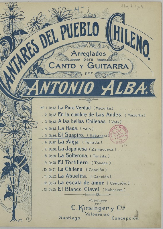 El suspiro tonada [para canto y guitarra] [música] : arreglada por A. Alba.
