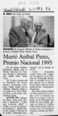 Murió Aníbal Pinto, Premio Nacional 1995  [artículo].