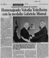 Homenajeado Volodia Teitelboim con la medalla Gabriela Mistral  [artículo].