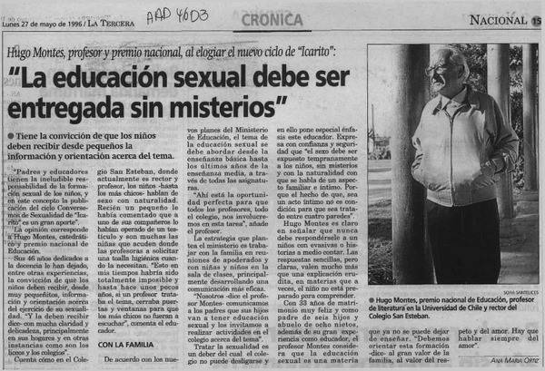 "La educación sexual debe ser entregada sin misterios"  [artículo] Ana María Ortiz.