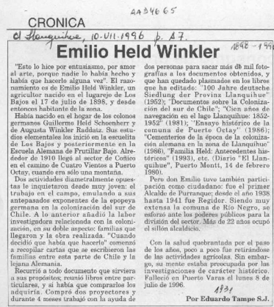 Emilio Held Winkler  [artículo] Eduardo Tampe.