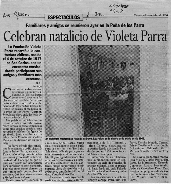 Celebran natalicio de Violeta Parra  [artículo] R. L.