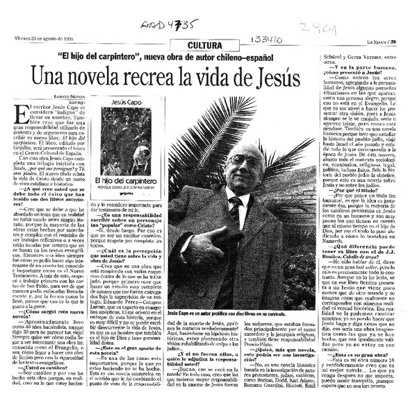 Una novela recrea la vida de Jesús  [artículo] Loreto Novoa.