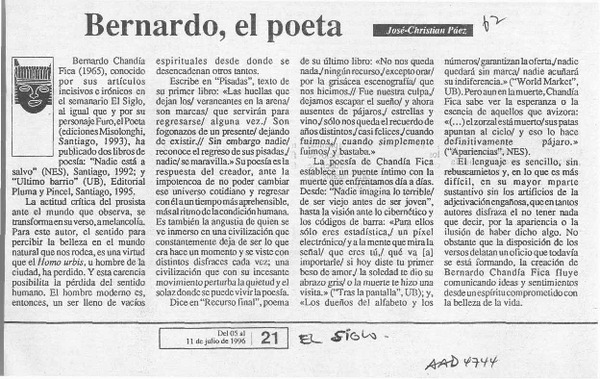 Bernardo, el poeta  [artículo] José Christian Páez.