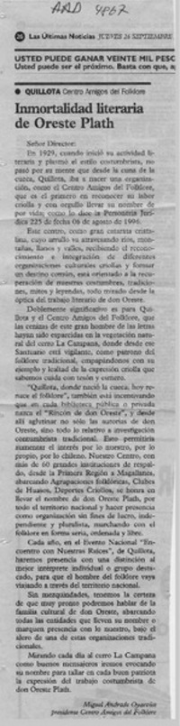 Inmortalidad literaria de Oreste Plath  [artículo] Miguel Andrade Oyarzún.
