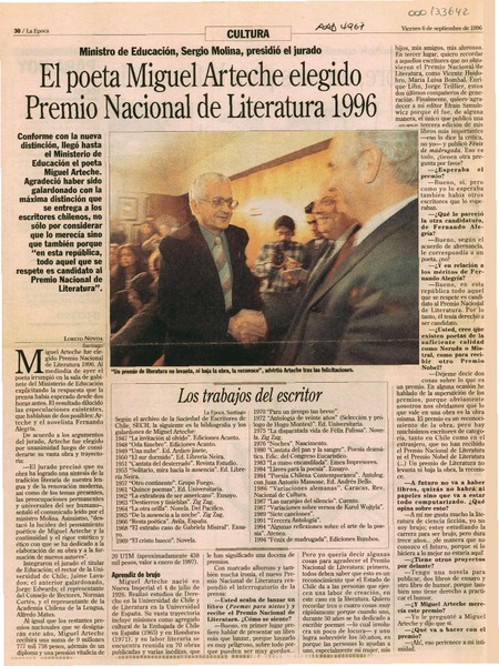 El poeta Miguel Arteche elegido Premio Nacional de Literatura 1996