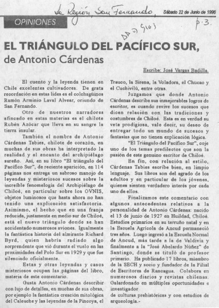 El triángulo del pacífico sur, de Antonio Cárdenas  [artículo] José Vargas Badilla.