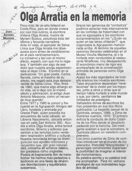 Olga Arratia en la memoria  [artículo] Juan Antonio Massone.