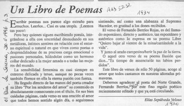 Un libro de poemas  [artículo] Elías Sepúlveda Veloso.