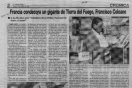 Francia condecora un gigante de Tierra del fuego, Francisco Coloane  [artículo].