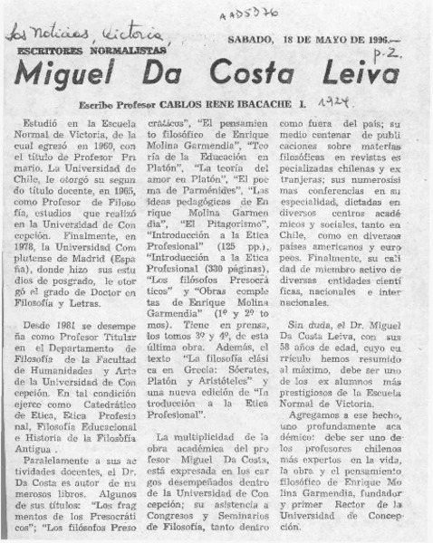Miguel Da Costa Leiva  [artículo] Carlos René Ibacache.
