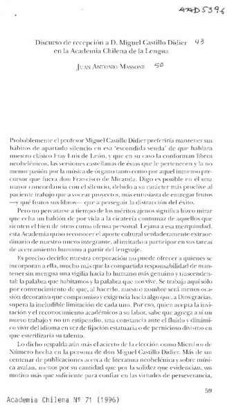 Discurso de recepción a D. Manuel Castillo Didier en la Academia Chilena de la Lengua
