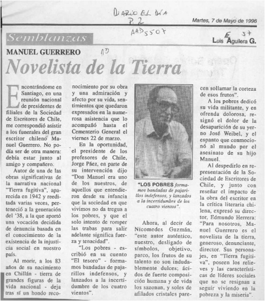 Novelista de la tierra  [artículo] Luis Aguilera G.
