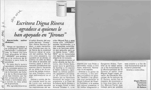 Escritora Digna Rivera agradece a quienes le han apoyado en "Jirones"  [artículo] Digna Rivera Contreras.