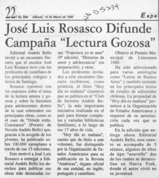 José Luis Rosasco difunde campaña "Lectura gozosa"  [artículo].