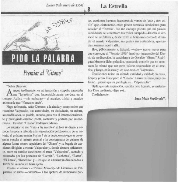 Premiar el "Gitano"  [artículo] Juan Meza Sepúlveda.