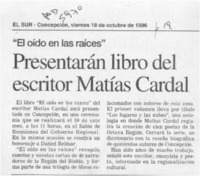 Presentarán libro del escritor Matías Cardal