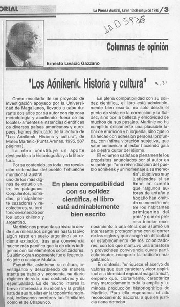 "Los Aónikenk, historia y cultura"  [artículo] Ernesto Livacic Gazzano.