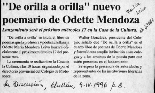 "De orilla a orilla" nuevo poemario de Odette Mendoza  [artículo].