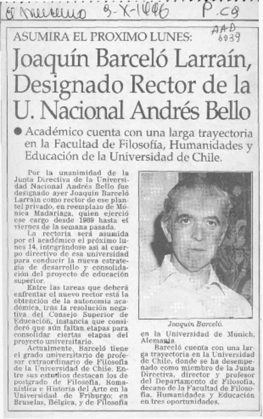 Joaquín Barceló Larraín, designado Rector de la U. Nacional Andrés Bello  [artículo].