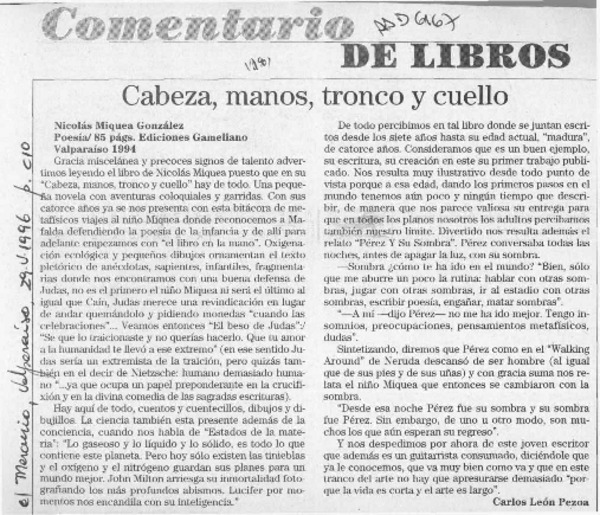 Cabeza, manos, tronco y cuello  [artículo] Carlos León Pezoa.