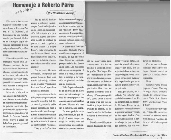 Homenaje a Roberto Parra  [artículo] Rosa María Verdejo.