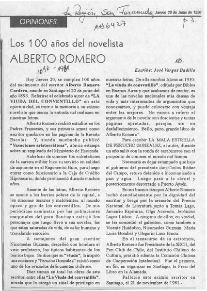 Los 100 años del novelista Alberto Romero  [artículo] José Vargas Badilla.