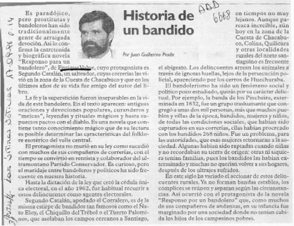 Historia de un bandido  [artículo] Juan Guillermo Prado.