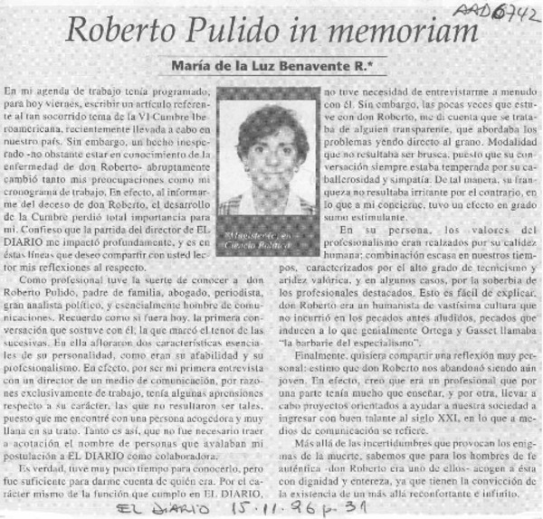 Roberto Pulido in memoriam  [artículo] María de la Luz Benavente R.