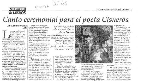 Canto ceremonial para el poeta Cisneros  [artículo] David Blanco Bonilla.