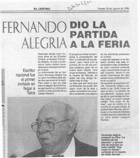 Fernando Alegría dio la partida a la feria  [artículo].