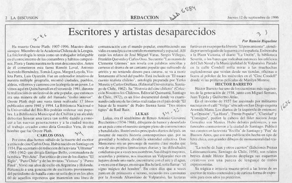 Escritores y artistas desaparecidos  [artículo] Ramón Riquelme.