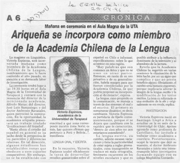 Ariqueña se incorpora como miembro de la Academia Chilena de la Lengua  [artículo].