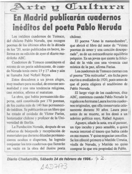 En Madrid publicarán cuadernos inéditos del poeta Pablo Neruda  [artículo].