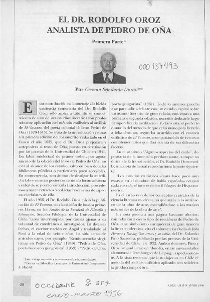 El Dr. Rodolfo Oroz analista de Pedro de Oña  [artículo] Germán Sepúlveda Durán.