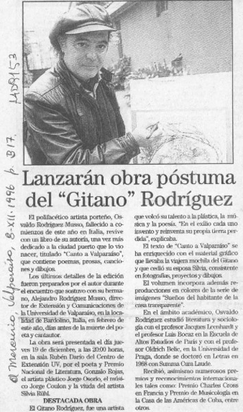 Lanzarán obra póstuma del "Gitano" Rodríguez  [artículo].