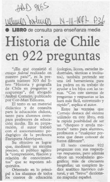Historia de Chile en 922 preguntas  [artículo].