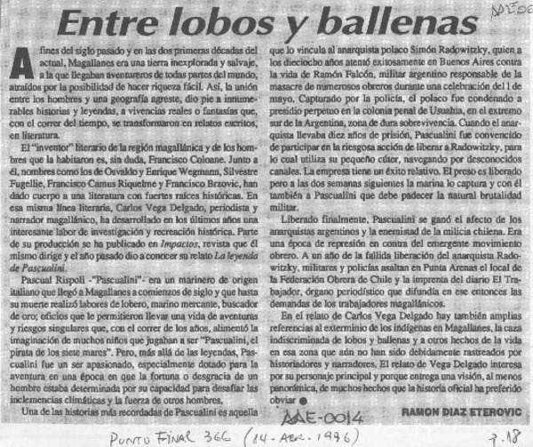 Entre lobos y ballenas  [artículo] Ramón Díaz Eterovic.