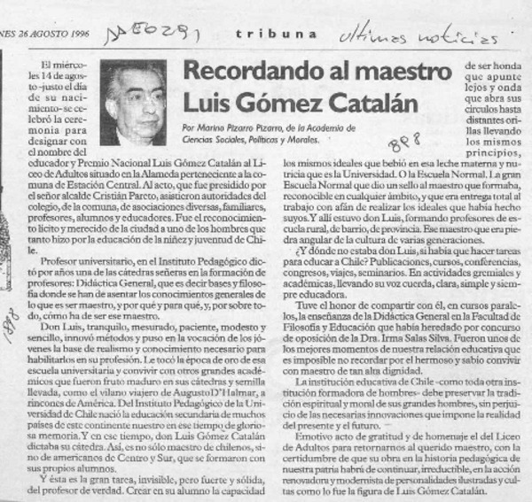 Recordando al maestro Luis Gómez Catalán  [artículo] Marino Pizarro Pizarro.