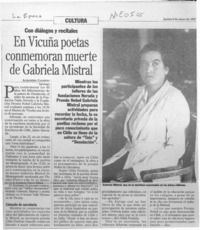 En Vicuña poetas conmemoran muerte de Gabriela Mistral  [artículo] Alejandra Gajardo.