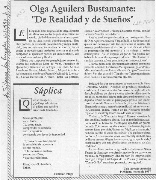 Olga Aguilera Bustamante, "De realidad y de sueños"  [artículo] José Arraño Acevedo.