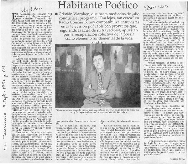 Habitante poético  [artículo] Rosario Mena.