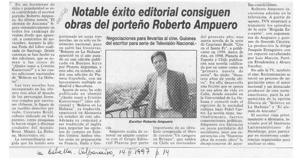 Notable éxito editorial consiguen obras del porteño Roberto Ampuero  [artículo].