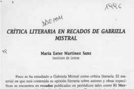Crítica literaria en recados de Gabriela Mistral  [artículo] María Ester Martínez Sanz.