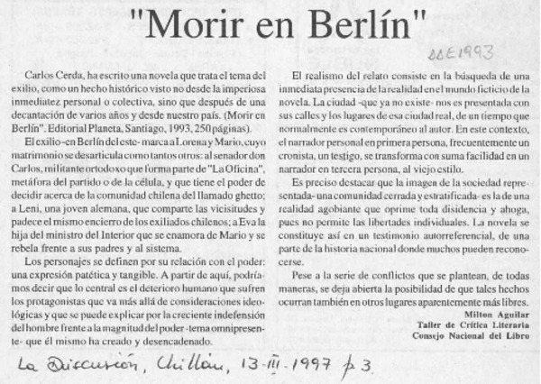 "Morir en Berlín"  [artículo] Milton Aguilar.