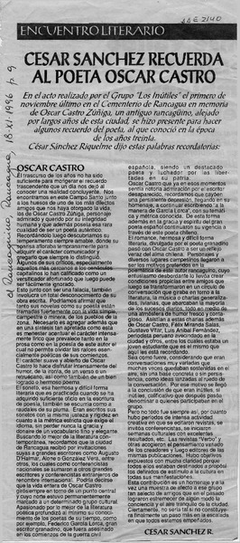 César Sánchez recuerda al poeta Oscar Castro  [artículo] César Sánchez R.