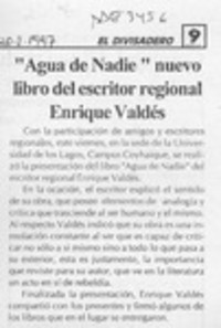 "Agua de nadie" nuevo libro del escritor regional Enrique Valdés  [artículo].